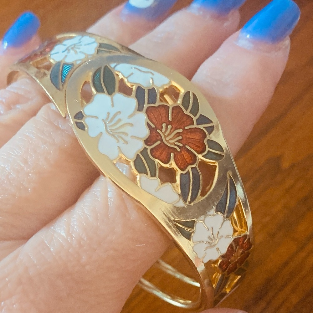 Gold and Red Floral Cloisonne Enamel Bracelet